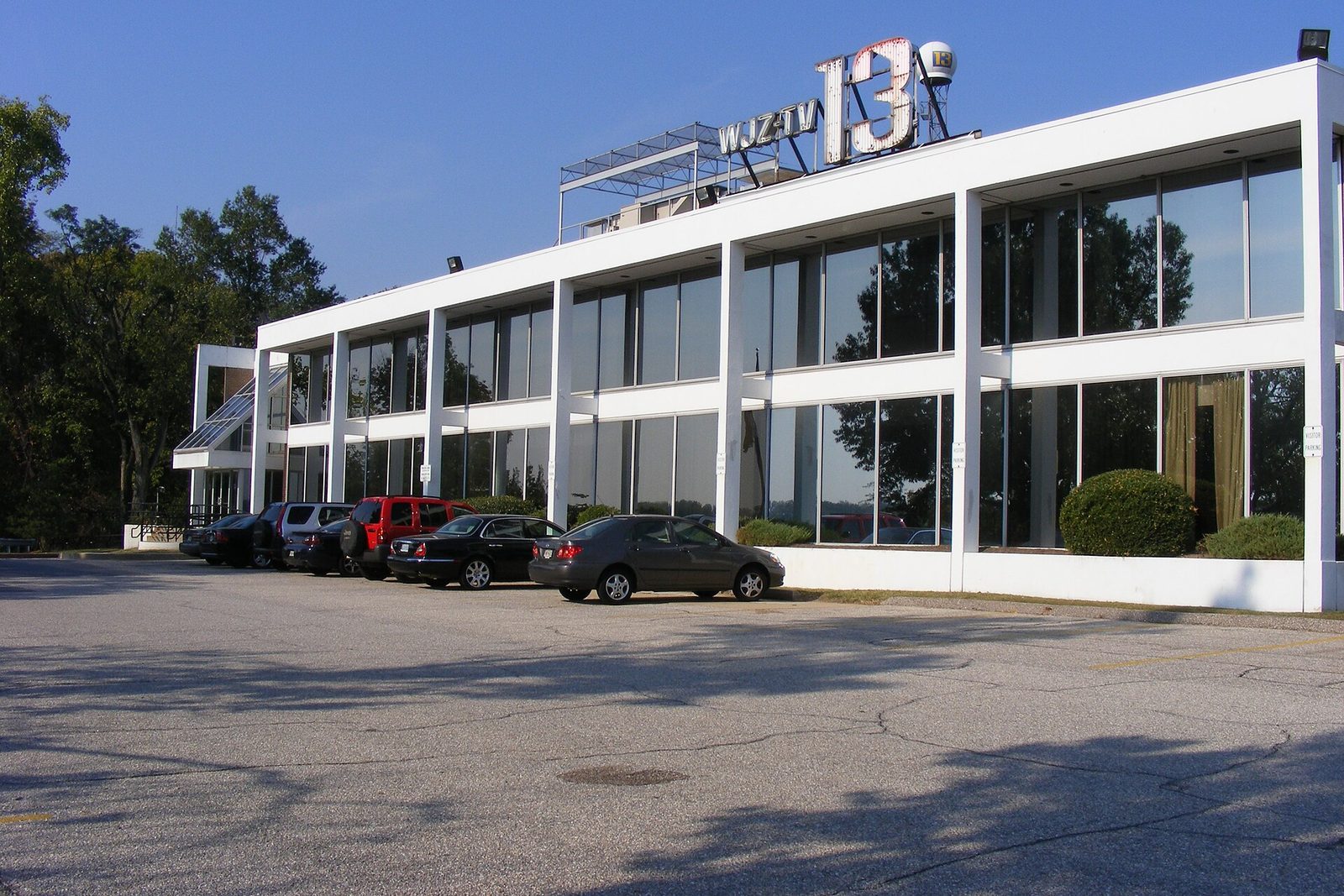 The low white WJZ-TV studio and office building on Television Hill in Baltimore