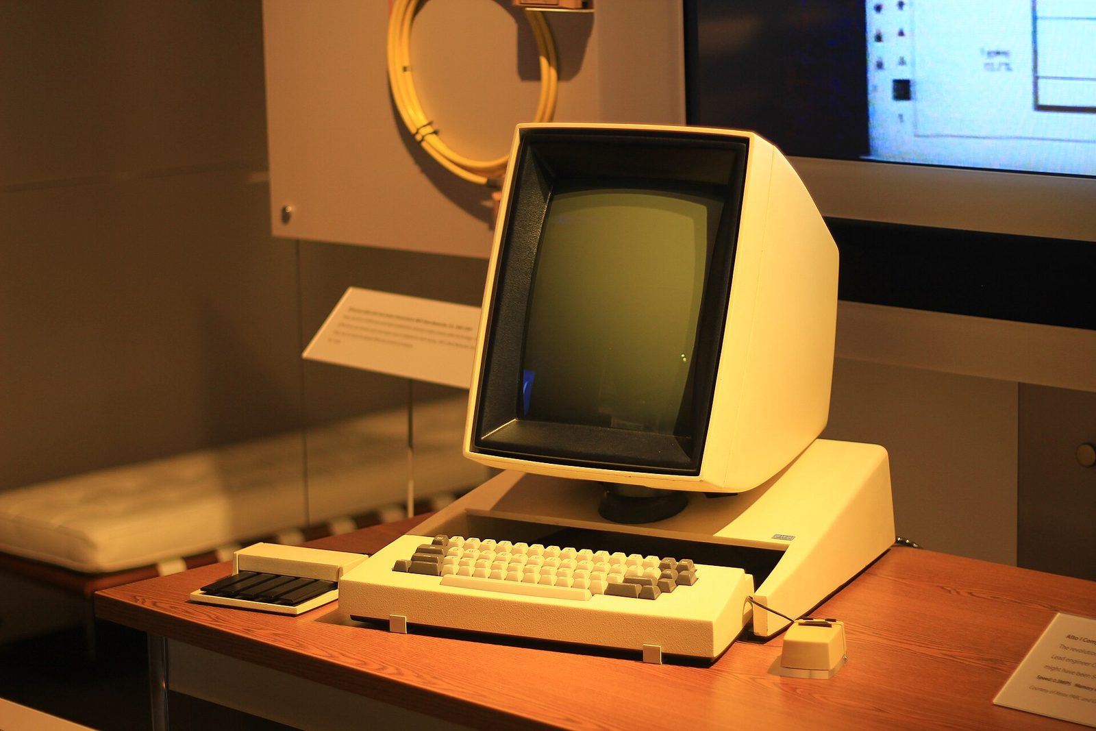 A Xerox Alto computer with its tall portrait screen, keyboard, mouse and five-key chorded keyset