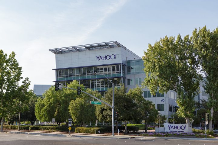 The Yahoo! headquarters building in Sunnyvale, California, with the company name on the facade